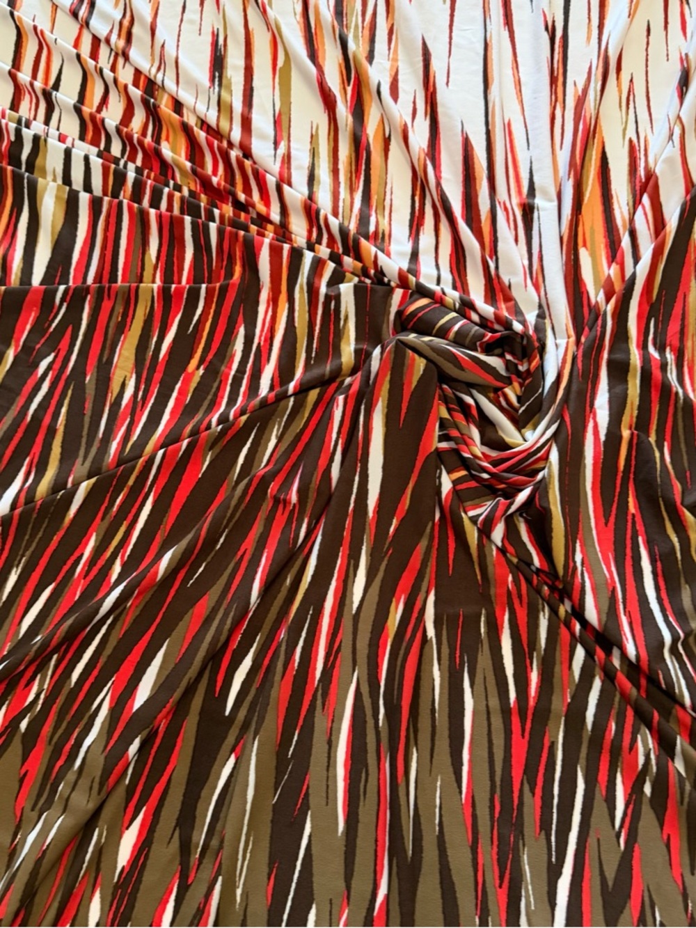 Red, Olive & Cream Poly Print Stretchy Abstract Stripe Knit Fabric